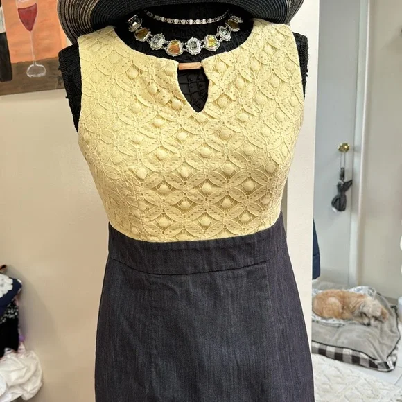 🍀2/10.00, Alyx dress yellow lace jewelry closure top denim zip down back ,excell - Picture 2 of 10